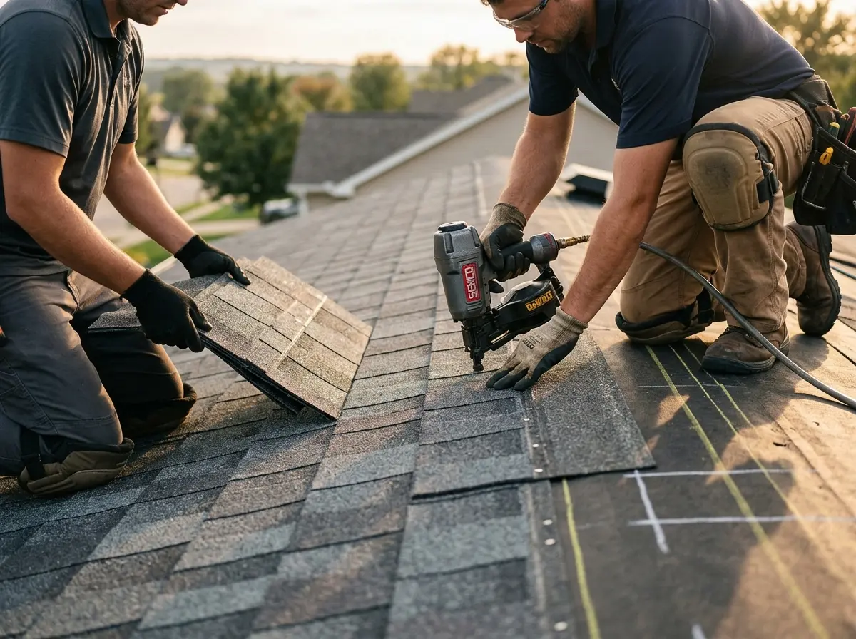 Professional roofer working on a residential roof in Overlea
